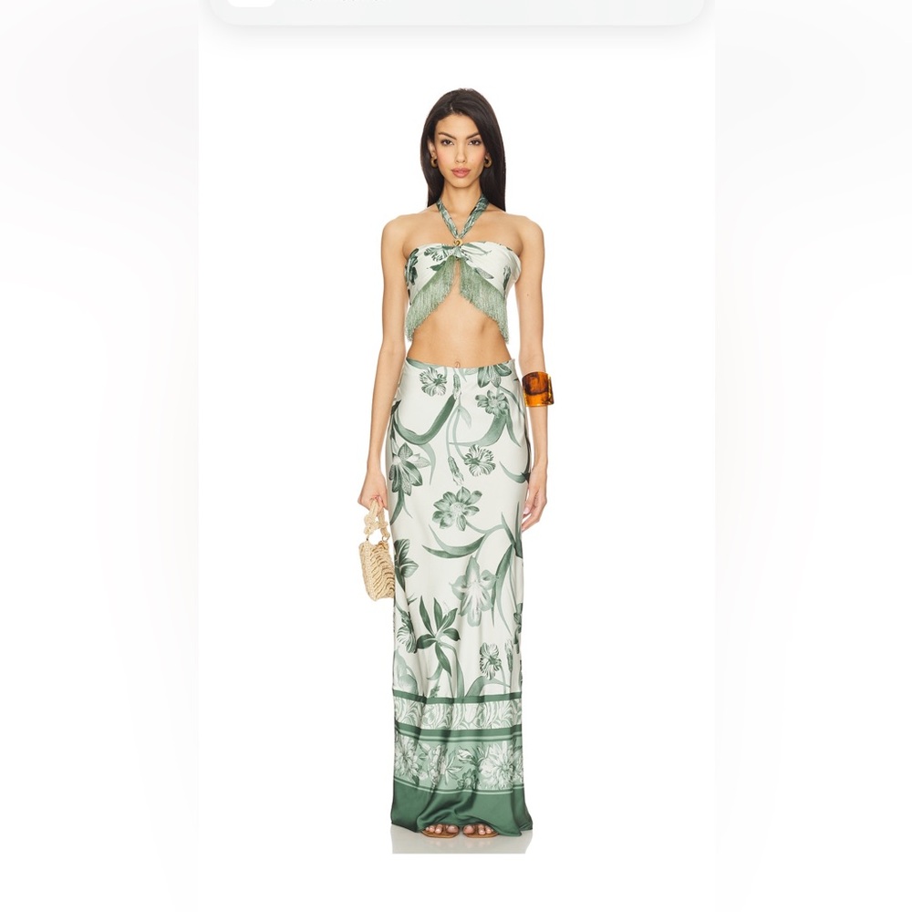 Sage Green Fringe Halter Top and Skirt Set